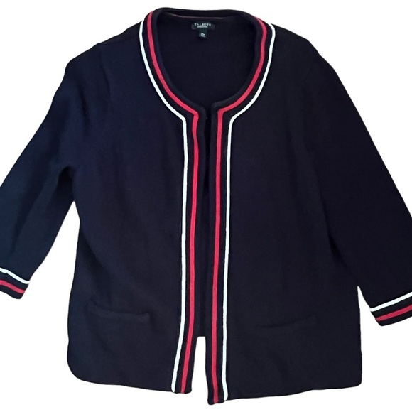 Talbots 100% COTTON NAVY BLUE CARDIGAN SWEATER 1XP Petite RED WHITE STRIPED TRIM - Picture 5 of 10